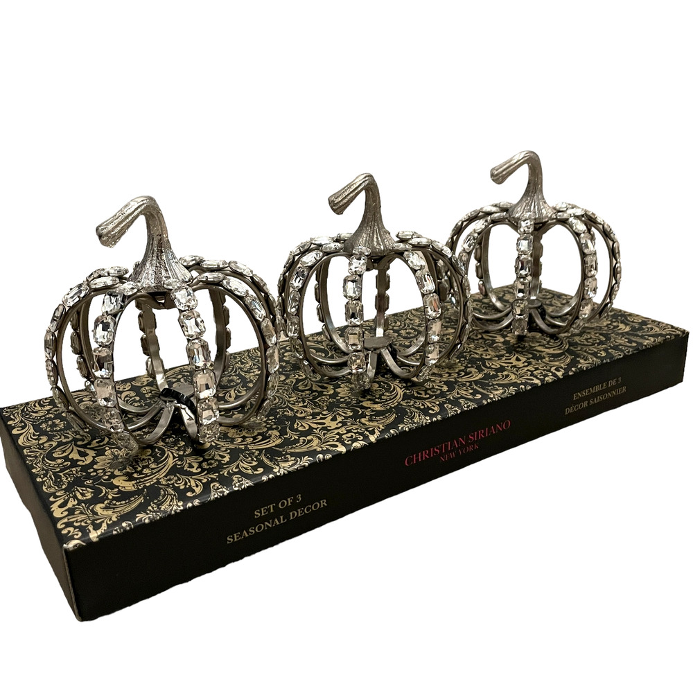Christian Siriano Crystal Jeweled Metal Pumpkins Set of 3 Silver Halloween GLAM - Picture 13 of 13